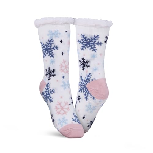 hemmy Haussocken - Stoppersocken mit Teddyfutter - Hüttensocken mit Anti-Rutsch-Sohle - ABS Norweger Socken Zopfmuster - Kuschelsocken Einheitsgröße (Weiß (Schneeflocke)) von hemmy