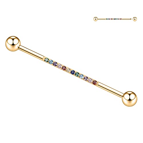 14G Industrial Barbell Chirurgenstahl Industrial Piercing Schmuck Gold Industrial Barbell 38 mm langer Gerüststab Industrial Bar mit Mix Color CZ Knorpelohrring Helix-Ohrringe für Damen Herren von hengkaixuan