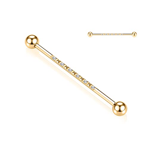 14G Industrial Piercing Schmuck Gold Chirurgenstahl Industrial Barbell 38mm lange Gerüststange Industrial Bar mit CZ gepflasterter Pyramide entworfen Knorpelohrring Helix Barbell für Damen Herren von hengkaixuan