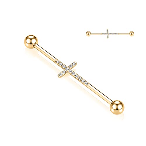 14G Industrial Piercing Schmuck Gold Chirurgenstahl Industrielle Langhantel 38mm Lange Gerüststange Industrielle Stange mit Kreuz CZ Gepflasterter Knorpelohrring Helix Barbell für Damen Herren von hengkaixuan