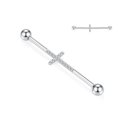 14G Industrie Piercing Schmuck Silber Chirurgenstahl Industrielle Langhantel 38mm Lange Gerüststange Industrielle Stange mit Kreuz CZ Gepflasterter Knorpelohrring Helix Barbell für Damen Herren von hengkaixuan