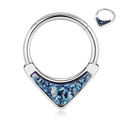 16G Daith Piercing Blau Drusy Septum Schmuck Nahtloser Clicker Ring Daith Ohrringe Silber Chirurgischer Stahl Turm Tragus Conch Piercing Schmuck Kleiner Creolenring 10mm für Frauen Mädchen von hengkaixuan