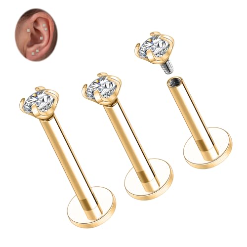 16G Labret Ohrstecker Titan Knorpel Ohrring Innengewinde Helix Ohrringe Gold Labret Schmuck flache Rückseite Lippen Ohrstecker Ohrring mit 3 mm CZ Monroe Medusa Ring Conch Lippenschmuck für Frauen von hengkaixuan