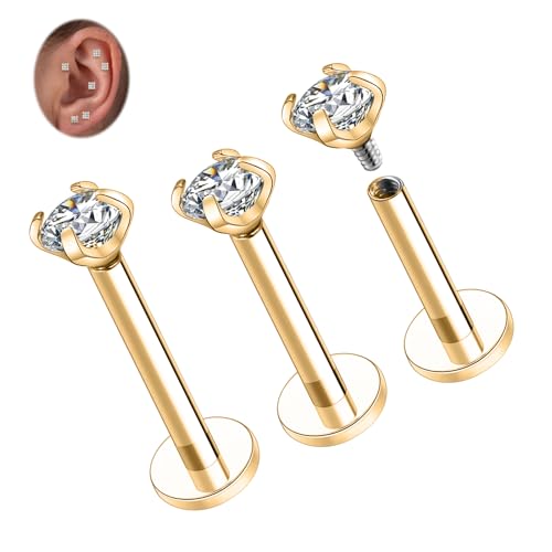 16G Labret Ohrstecker Titan Knorpel Ohrring Innengewinde Helix Ohrringe Gold Labret Schmuck flache Rückseite Lippen Ohrstecker Ohrring mit 4 mm CZ Monroe Medusa Ring Muschel Lippenschmuck für Frauen von hengkaixuan