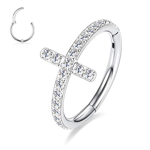 16G Septum Clicker Ring Kreuz Knorpel Ohrring Creolen Chirurgischer Stahl Daith Helix Conch 8mm Ohrringe CZ Tragus Turm Ohrringe Schmuck Nasenringe Silber Kleiner Creolenring für Frauen Männer von hengkaixuan