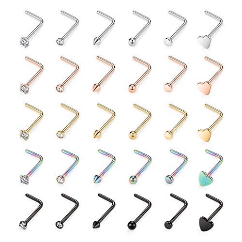 30 Stück Nasenringe Chirurgischer Stahl 20G Herznase L Form Ringe Nieten 2mm CZ Body Piercing Schmuck für Damen Herren von hengkaixuan