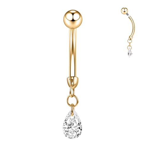 Belly Button Ring Gold Dangly 14G Belly Barbell G23 Titanium Belly Jewellery Dangle Navel Rings Cute Belly Bars 10mm Belly Ring Internally Threaded Long Curved Barbell for Women Girls with CZ von hengkaixuan