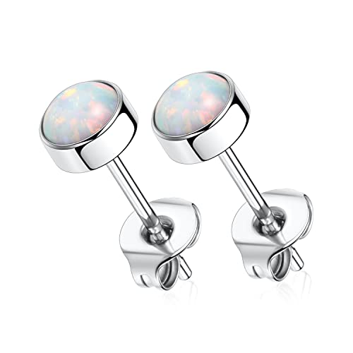 G23 Titan Opal Ohrstecker Set - Implantat Grade Hypoallergene Ohrringe Weiße Opal 4mm Silber Knorpel Helix für Frauen Mädchen Männer Empfindliche Ohren 1 Paar von hengkaixuan