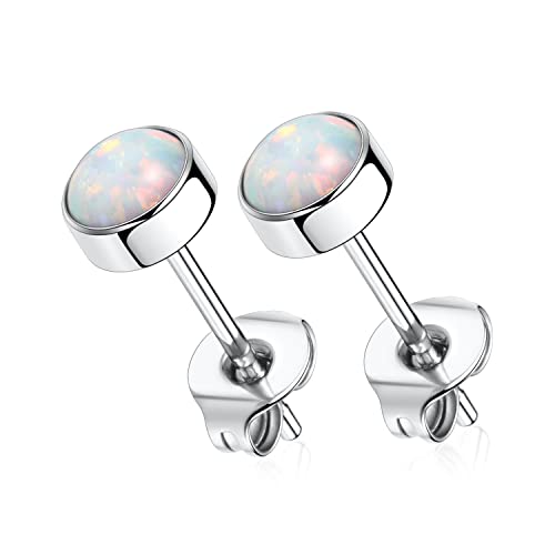 G23 Titan Opal Ohrstecker Implantat Grade Titan Ohrringe Set Hypoallergene Ohrringe Weiße Opal Ohrringe 5mm Silber Knorpel Helix Ohrringe für Frauen Mädchen Männer für empfindliche Ohrringe 1 Paar von hengkaixuan