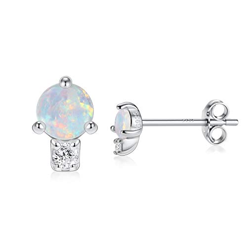 Kleine Opal Ohrstecker Ohrring Sterling Silber Synthetischer Opal Rundschnitt Solitaire Silber Ohrstecker Zierliche hypoallergene Schmuckgeschenke für Frauen von hengkaixuan