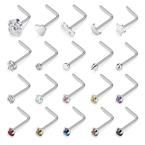 Nasenring 20g Nasenstecker Herz Nasenstecker Chirurgenstahl Nostrial Piercing Nasenstift Set Tragus Knorpel Helix Ohrringe Ohrstecker Mond Nasenring Piercing Schmuck für Damen Herren L-Form 20PCS von hengkaixuan