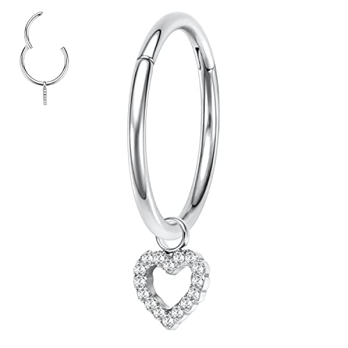 Septum Clicker Ring 8mm 16G Septum Schmuck Nasenringe Chirurgischer Edelstahl Helix Ohrringe Knorpel Hoop Tragus Rook Lobe Piercing Schmuck Dangle Ring für Frauen Männer Hallow Heart CZ Anhänger von hengkaixuan