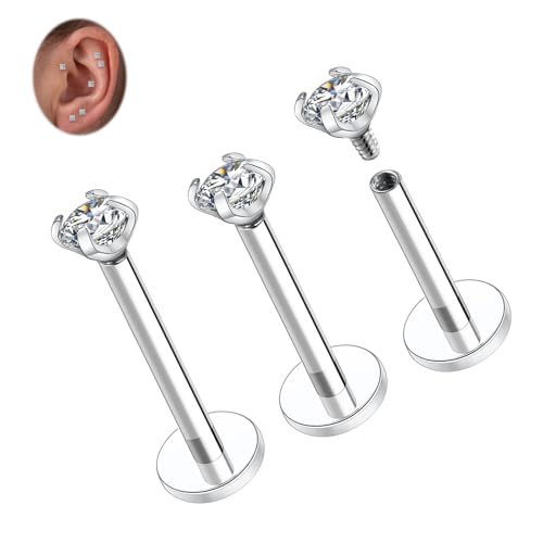 Titan Knorpel Ohrstecker 18G Helix Ohrringe Innengewinde Labret Schmuck Flache Rückseite Lippen Ohrstecker Silber Ohrläppchen mit 3 mm CZ Monroe Medusa Ring Conch Labret Ohrstecker-Sets für Frauen von hengkaixuan