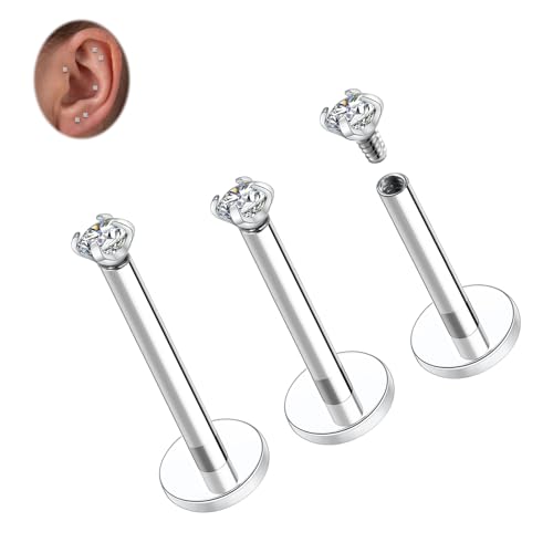 Titan Knorpel Ohrstecker 18G Helix Ohrringe Innengewinde Labret Schmuck Flache Rückseite Lippen Ohrstecker Silber Ohrring mit 2 mm CZ Monroe Medusa Ring Conch Labret Ohrstecker-Sets für Frauen von hengkaixuan