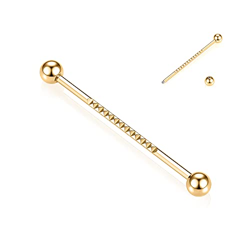hengkaixuan 14G Industrie Piercing Schmuck Gold Chirurgenstahl Industrielle Langhantel 38mm Lange Gerüststange Industrielle Bar Pyramide Designed Knorpelohrring Helix Barbell für Damen Herren von hengkaixuan