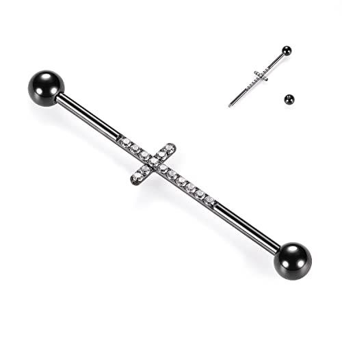 hengkaixuan 14G Industrie-Piercing-Schmuck Schwarzer Chirurgenstahl Industrial Barbell 38 mm langer Gerüststab Industrial Bar mit Kreuz CZ gepflasterter Knorpelohrring Helix Barbell für Damen Herren von hengkaixuan