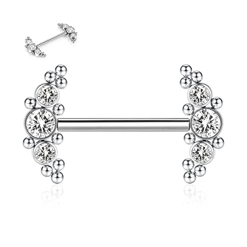 hengkaixuan 14G Nippelringe Nippel Langhantel G23 Titan Nippelpiercing Gewinde Silber Nippelringe Nippelstangen mit Kubikzirkon Nippel Piercing Schmuck für Frauen 14mm von hengkaixuan