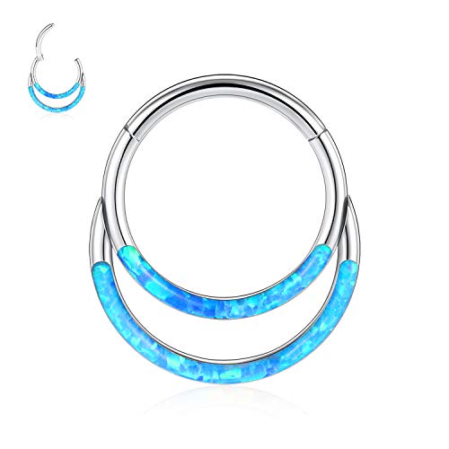 hengkaixuan 16G Blue Opal Septum Schmuck 10mm 316L Chirurgischer Stahl Segment Clicker Daith Ring Helix Knorpel Tragus Ohrringe Creolen-Nasenring Silber Piercing Schmuck für Frauen Gilrs von hengkaixuan