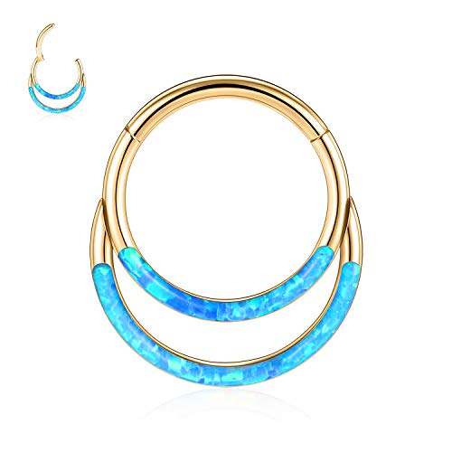 hengkaixuan 16G Blue Opal Septum Schmuck 8mm 316L Chirurgischer Stahl Segment Clicker Daith Ring Helix Knorpel Tragus Ohrringe Creolen-Nasenring Gold Piercing Schmuck für Frauen Gilrs von hengkaixuan