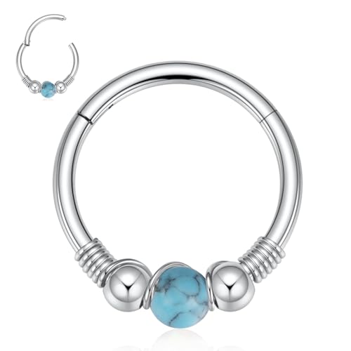 hengkaixuan 18 g Septum-Clicker-Ring, 8 mm, silberfarben, Daith Rook Tragus Creole mit türkisfarbenem Chirurgenstahl, Conch-Knorpel-Helix-Piercing für Damen von hengkaixuan