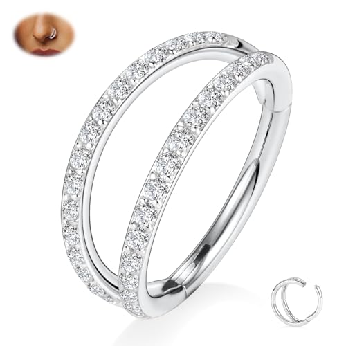 hengkaixuan 18G Septumschmuck G23 Titan Doppel-Nasenring 8 mm Helix Knorpel Creole Silber Tragus Daith Rook Lippenläppchen Conch Ohrring mit Zirkonia für Damen von hengkaixuan