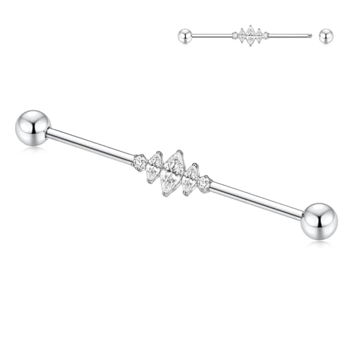 hengkaixuan 38 mm Knorpel Helix Ohrring mit Außengewinde Industrial Bar Schmuck 14G Silber Industrial Ohrring Lange Scaffold Bar G23 Titan Industrial Barbell für Frauen Männer von hengkaixuan