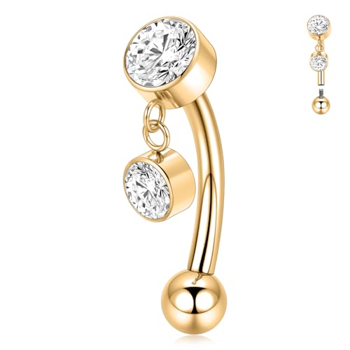 hengkaixuan Dangle Bauchnabel Ring 14G Bauchschmuck Gold Bauch Piercing G23 Titan Nabel Bar mit Cubic Zirkon Nabel Barbell 10mm Innengewinde gekrümmten Bauch Barbell für Frauen von hengkaixuan