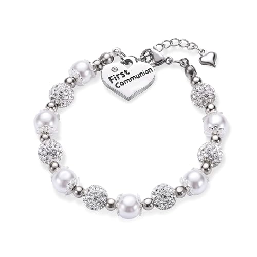 hengkaixuan Erstkommunion Armband Mädchen Charme Taufe Geschenk weiße Perle handgefertigten Schmuck für 6-13 Jahre alt Mädchen Geschenk Geburtstag Geschenke Armbänder mit Herz Charms von hengkaixuan