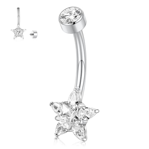 hengkaixuan G23 Titan-Bauchnabelring 14G Bauchnabelring Silber Bauchschmuck Nabelringe Nabelpiercing Schmuck Bauchnabelschiene 10mm Innengewinde gebogene Hantel für Frauen mit Stern CZ von hengkaixuan