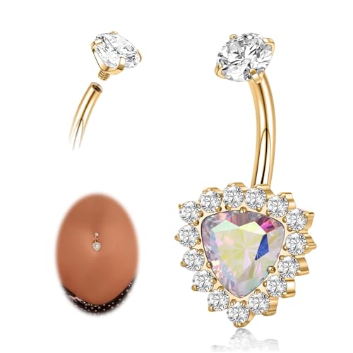 hengkaixuan Gold-Bauchnabelring G23 Titan-Bauchnabelpiercing-Schmuck 14G Bauchnabelring mit AB CZ Bauchnabel-Barbell 10 mm Bauchnabelstange Innengewinde Bauchnabel-Barbell für Frauen von hengkaixuan