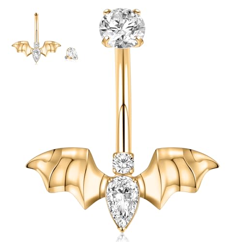 hengkaixuan Goldfarbener Bauchnabelring 10 mm Titan Bauchnabelpiercing-Schmuck 14G Bauchnabel-Barbell mit Innengewinde in Fledermausform Bauchnabelring mit CZ Bauchnabelschmuck für Frauen von hengkaixuan