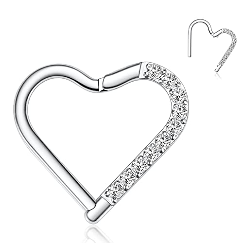 hengkaixuan Herz Septum Clicker Ring Daith Ohrringe Edelstahl Silber Daith Piercing Schmuck Rook Ohrringe CZ Hoop Hinged Segment Clicker Nasenringe Hoop Conch Helix Knorpel Tragus Creolen 8mm von hengkaixuan