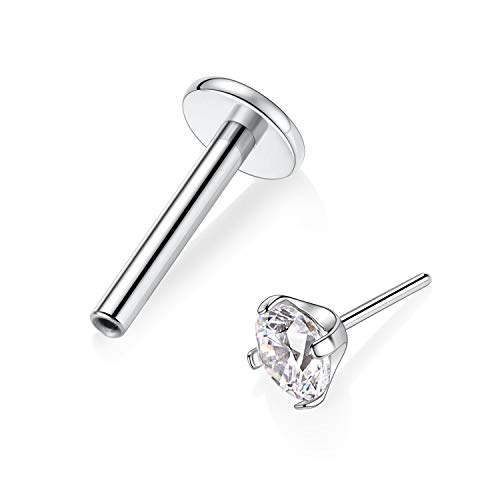 hengkaixuan Labret-Ohrstecker mit flachem Rücken 16G G23 Titan 4 mm CZ Tragus 8 mm Monroe-Piercing Fadenlose Lippeneinsätze Nieten Silber Helix Conch Ohrring Frauen Mädchen Piercing Schmuck von hengkaixuan