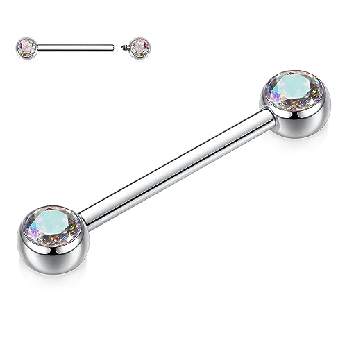 hengkaixuan Nippelring 14G Nippel Bar G23 Titan Nippel Barbell Silber Nippelschmuck mit Innengewinde Nippelpiercing Zungenschmuck Zungenring für Frauen 14mm mit AB Farbe CZ von hengkaixuan