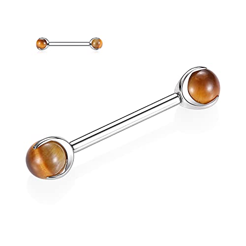 hengkaixuan Nippelringe 14G G23 Titan Nippel Piercing Nippel Barbell Gewinde Silber Nippelringe mit Tigerauge Stein Nippel Piercing Schmuck für Frauen 18mm von hengkaixuan