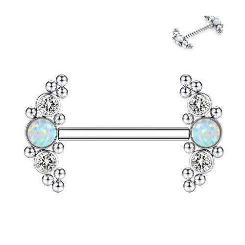 hengkaixuan Nippelringe 14G G23 Titan Nippel Piercing Nippel Langhantel Gewinde Silber Nippelringe CZ Opal Body Piercing Schmuck für Frauen 12mm von hengkaixuan