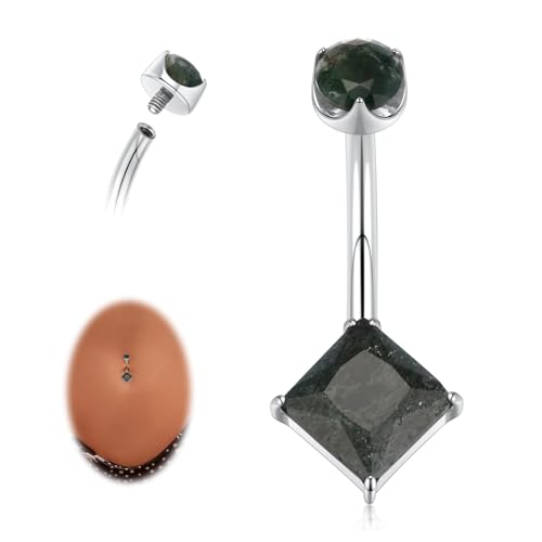 hengkaixuan Titan-Bauchnabelring 10 mm Bauchnabelpiercing-Schmuck 14G Bauchnabelpiercing mit Innengewinde Quadratischer Bauchnabelring mit Moosachat-Bauchnabelschmuck für Frauen von hengkaixuan