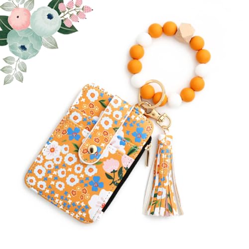 Women's Boho Beaded Wallet with Flower Pattern, Boho Style Beaded Tassel Keychain Wallet, Fashionable Credit Card Holder Purse (#4 Yellow) von heofonm