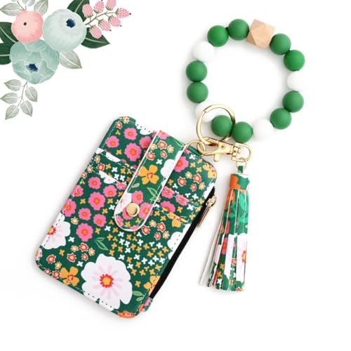 Women's Boho Beaded Wallet with Flower Pattern, Boho Style Beaded Tassel Keychain Wallet, Fashionable Credit Card Holder Purse (#9 Green) von heofonm