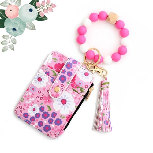 heofonm Women's Boho Beaded Wallet with Flower Pattern, Boho Style Beaded Tassel Keychain Wallet, Fashionable Credit Card Holder Purse (#2 Rose Red) von heofonm