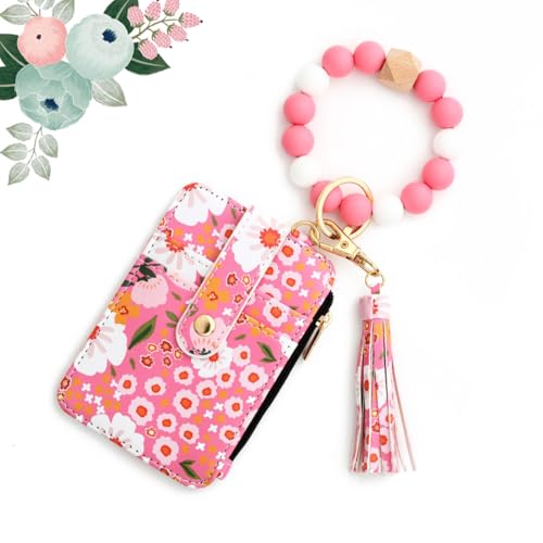 heofonm Women's Boho Beaded Wallet with Flower Pattern, Boho Style Beaded Tassel Keychain Wallet, Fashionable Credit Card Holder Purse (#3 Dark Pink) von heofonm