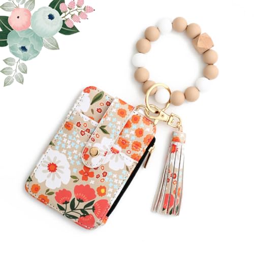 heofonm Women's Boho Beaded Wallet with Flower Pattern, Boho Style Beaded Tassel Keychain Wallet, Fashionable Credit Card Holder Purse (#5 Khaki) von heofonm