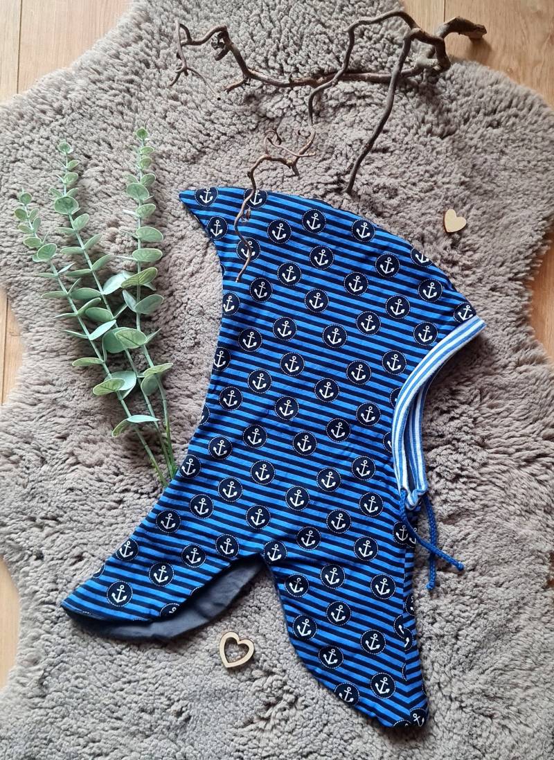 Schlupfmütze, Wendemütze, "Anker", Mit Kordel, Blau-Grau von herzbaer