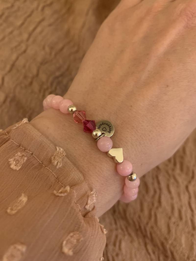 Armband Mit Perlen Aus Rosenquarz, Sterlingsilberperlen, Swarovski Elements, Herzperle Und Rosa Holzperlen Armband Mit Perlen Aus Rosenquarz, Sterlingsilberperlen, Swarovski Elements, Herzperle Und Rosa Holzperlen von herzensperle