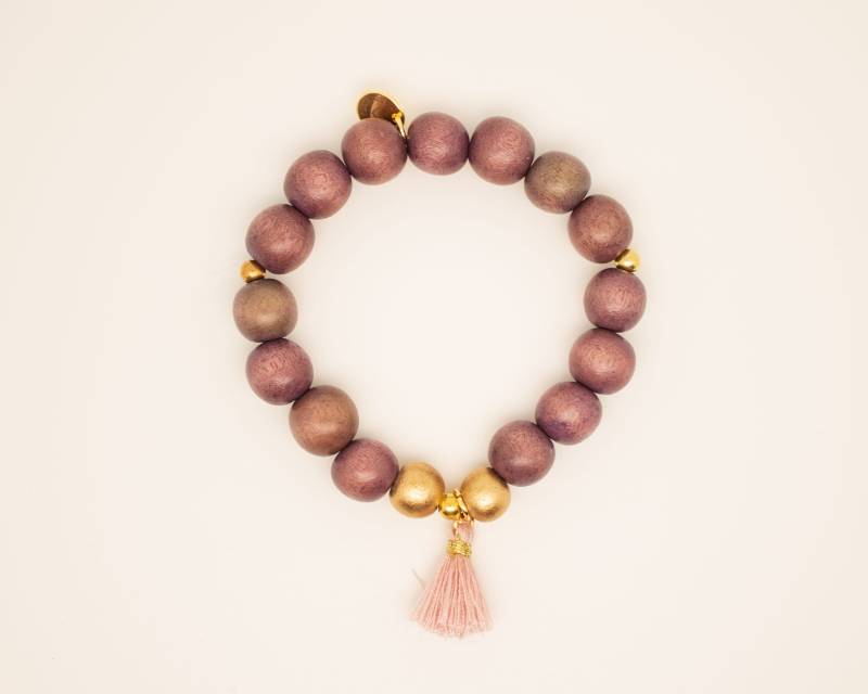 Mala Holzperlen Armband Aubergine Mit Und Quaste Sterlingsilberperlen Vergoldet, Elastisch, Herbstfarben von herzensperle