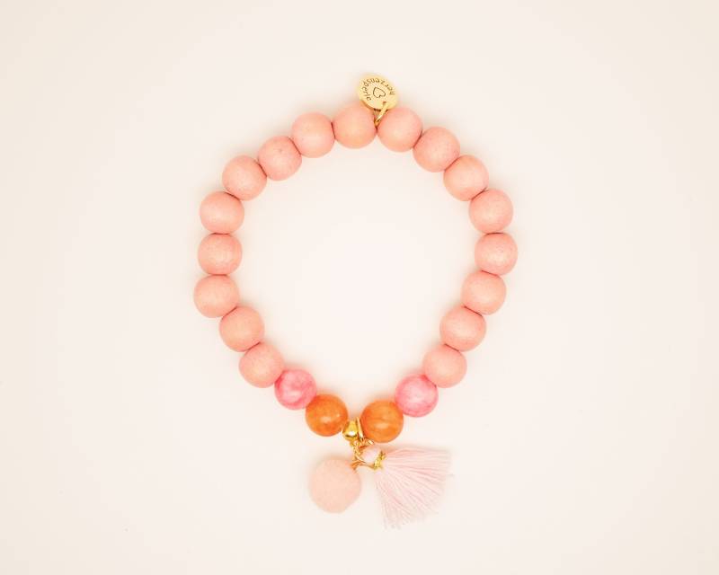 Mala Holzperlen Armband Aus Rosa Holzperlen, Edelsteinperlen, Pompom Und Quaste, Mit Sterlingsilberperle Vergoldet, Elastisch, Ibiza Schmuck von herzensperle