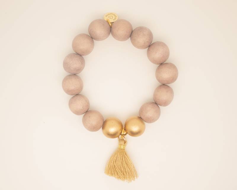 Mala Holzperlen Armband Taupe Mit Und Quaste Sterlingsilberperle, Elastisch Mala Holzperlen Armband Taupe Mit Und Quaste Sterlingsilberperle, Elastisch von herzensperle