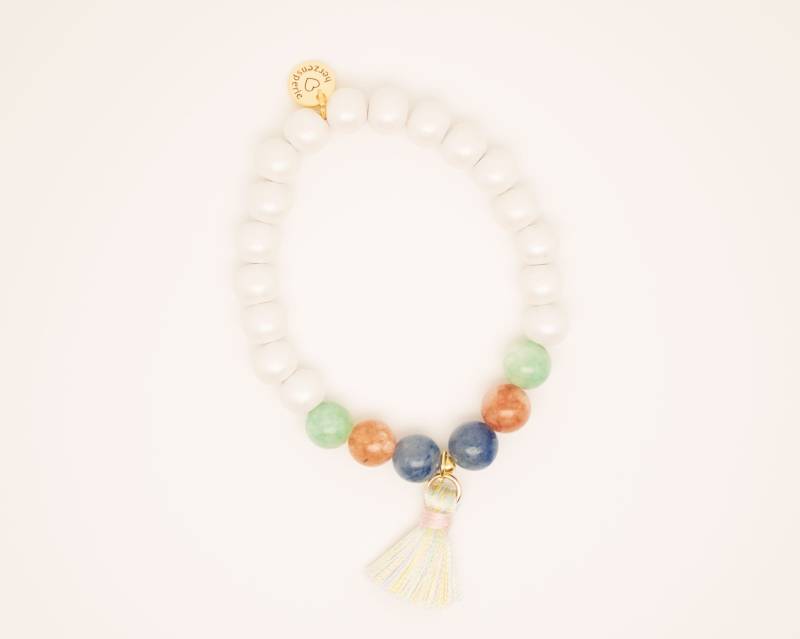 Mala Holzperlen Armband Weiß, Mit Edelsteinperlen Und Quaste, Sterlingsilberperle Vergoldet, Statement Schmuck, Boho, Ibiza Schmuck von herzensperle