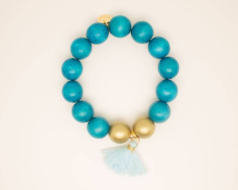 Mala Perlenarmband, Elastikarmband Mit Azur Blauen Und Goldenen Holzperlen, Vergoldeter Sterlingsilberperle Quaste, Statement Schmuck Mala Perlenarmband, Elastikarmband Mit Azur Blauen Und Goldenen Holzperlen, Vergoldeter Sterlingsilberperle Quaste, Statement Schmuck von herzensperle