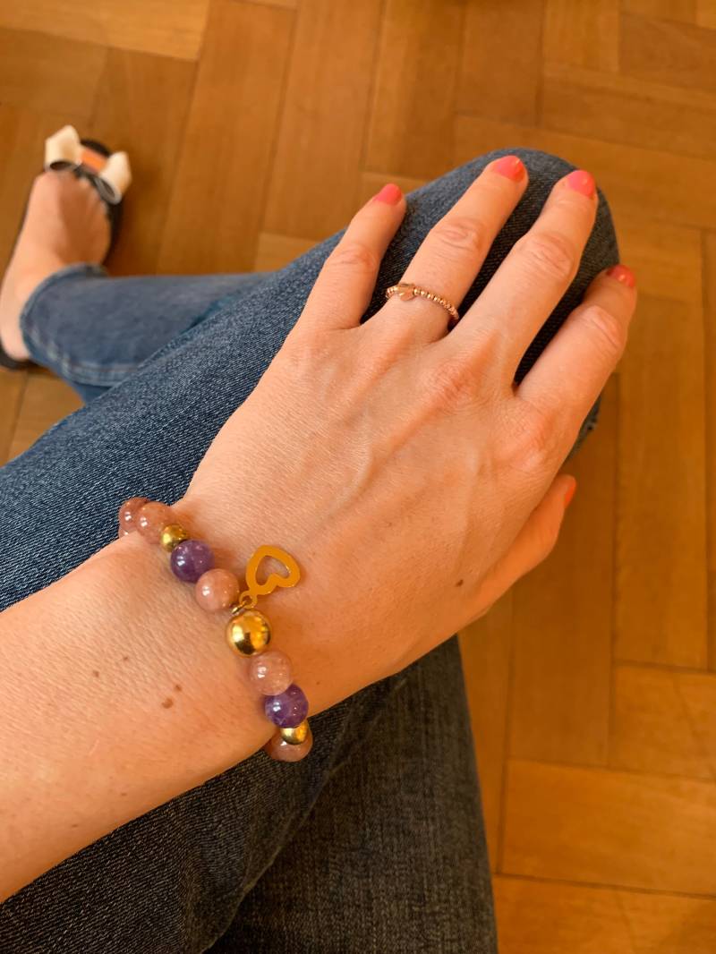 Perlenarmband Mit Perlen Aus Sonnenstein Und Amethyst, Vergoldeten Sterlingsilberperlen Vergoldetem Herzanhänger Heilstein Klassisch Perlenarmband Mit Perlen Aus Sonnenstein Und Amethyst, Vergoldeten Sterlingsilberperlen Vergoldetem Herzanhänger Heilstein Klassisch von herzensperle